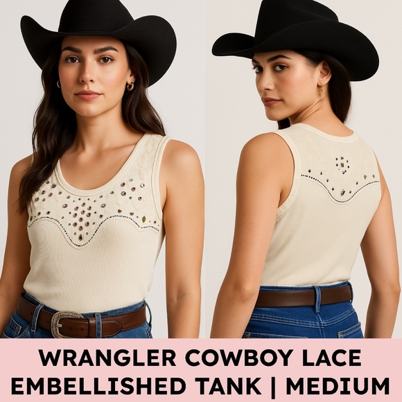 Wrangler Western Lace Tank — Rhinestone Studded Cream (M) Coastal Cowgirl - Picture 1 of 15